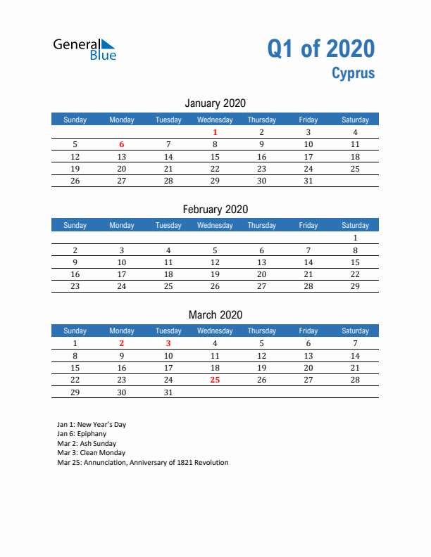 Cyprus Q1 2020 Quarterly Calendar with Sunday Start