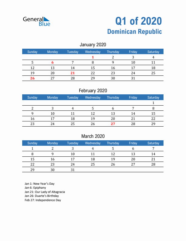 Dominican Republic Q1 2020 Quarterly Calendar with Sunday Start