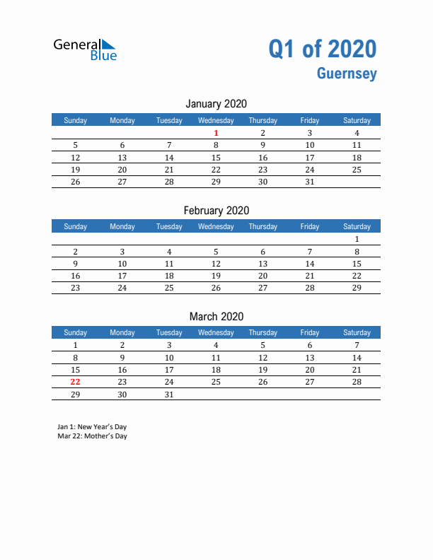 Guernsey Q1 2020 Quarterly Calendar with Sunday Start