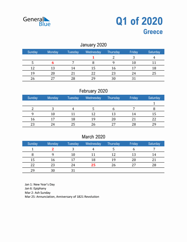 Greece Q1 2020 Quarterly Calendar with Sunday Start