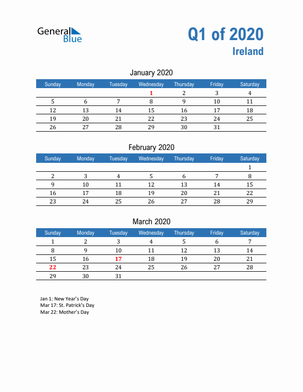 Ireland Q1 2020 Quarterly Calendar with Sunday Start