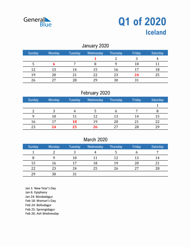 Iceland Q1 2020 Quarterly Calendar with Sunday Start