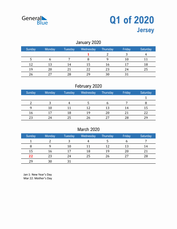 Jersey Q1 2020 Quarterly Calendar with Sunday Start