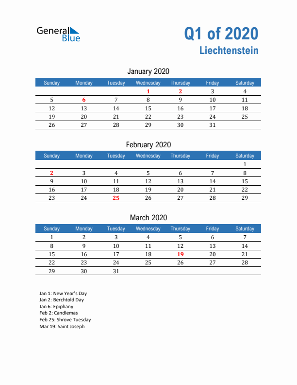 Liechtenstein Q1 2020 Quarterly Calendar with Sunday Start