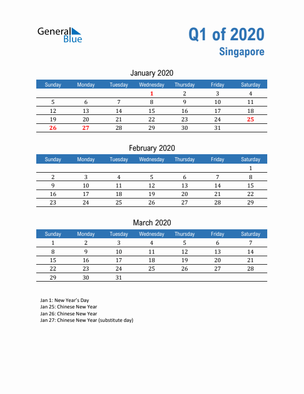 Singapore Q1 2020 Quarterly Calendar with Sunday Start