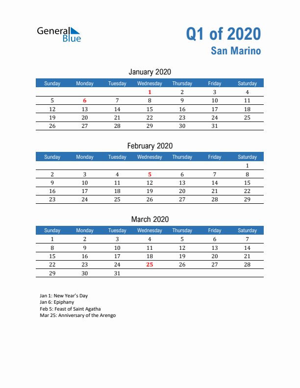 San Marino Q1 2020 Quarterly Calendar with Sunday Start