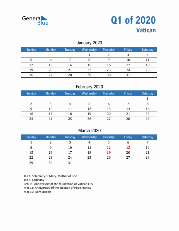 Vatican Q1 2020 Quarterly Calendar with Sunday Start