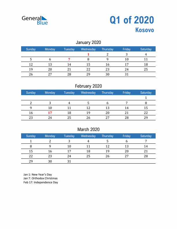 Kosovo Q1 2020 Quarterly Calendar with Sunday Start