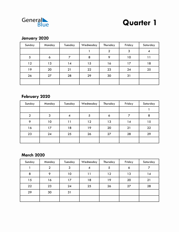 Quarter 1 2020 Calendar - Sunday Start