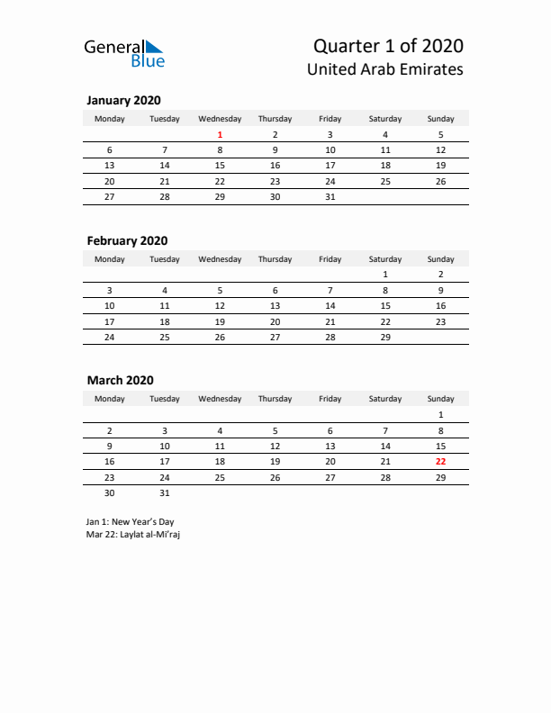 2020 Q1 Three-Month Calendar for United Arab Emirates