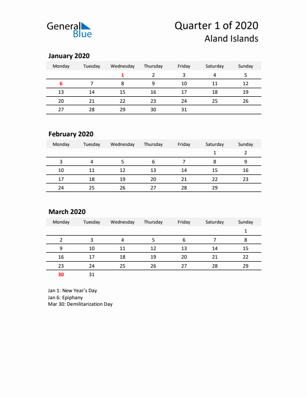 2020 Q1 Three-Month Calendar for Aland Islands