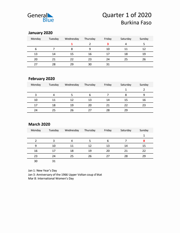 2020 Q1 Three-Month Calendar for Burkina Faso