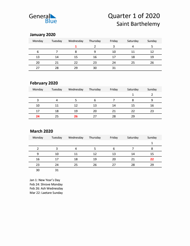 2020 Q1 Three-Month Calendar for Saint Barthelemy