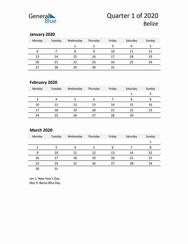 2020 Q1 Three-Month Calendar for Belize