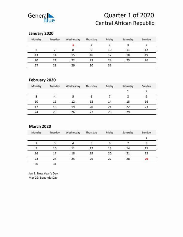 2020 Q1 Three-Month Calendar for Central African Republic