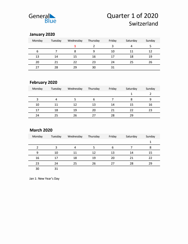 2020 Q1 Three-Month Calendar for Switzerland