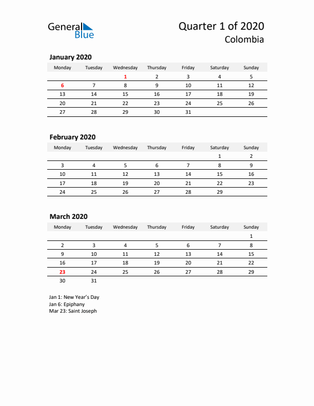 2020 Q1 Three-Month Calendar for Colombia