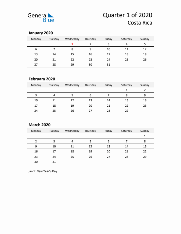 2020 Q1 Three-Month Calendar for Costa Rica