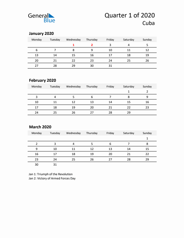 2020 Q1 Three-Month Calendar for Cuba