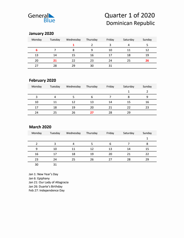 2020 Q1 Three-Month Calendar for Dominican Republic