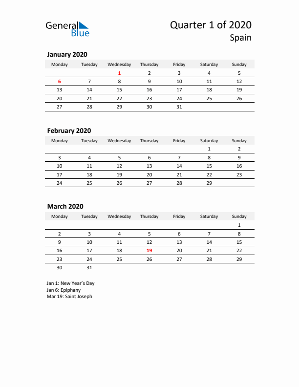 2020 Q1 Three-Month Calendar for Spain