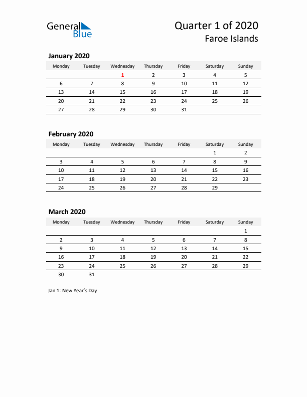 2020 Q1 Three-Month Calendar for Faroe Islands