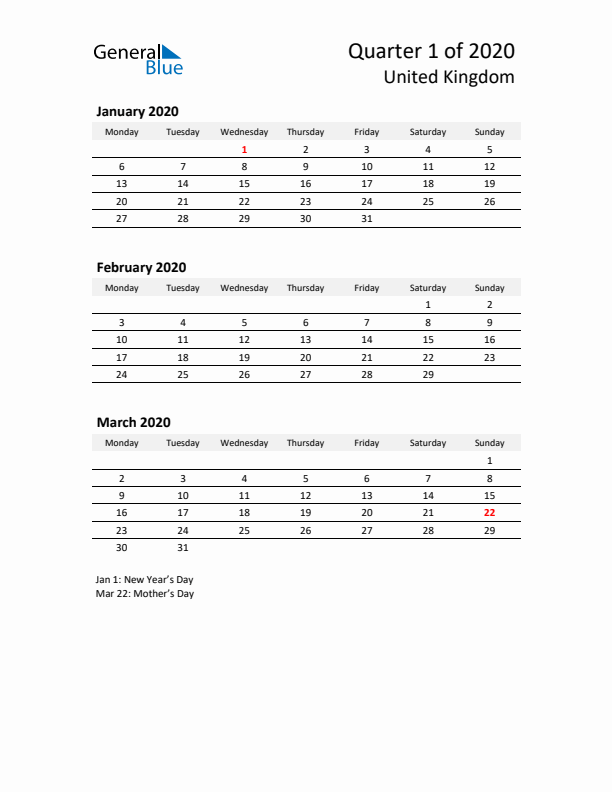 2020 Q1 Three-Month Calendar for United Kingdom