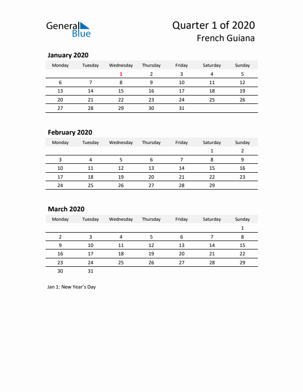 2020 Q1 Three-Month Calendar for French Guiana