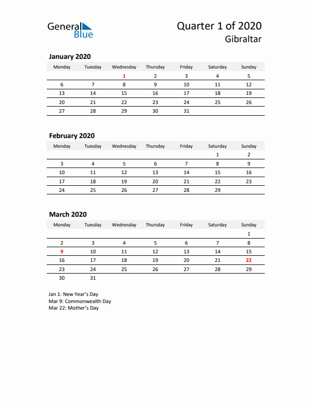 2020 Q1 Three-Month Calendar for Gibraltar