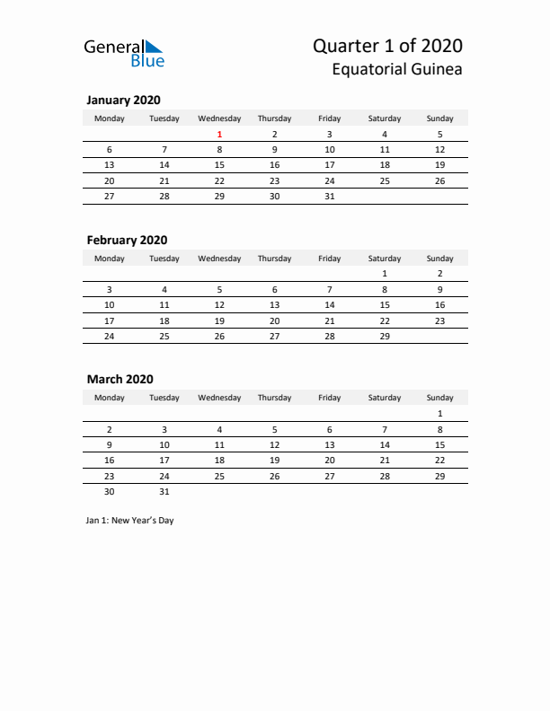 2020 Q1 Three-Month Calendar for Equatorial Guinea