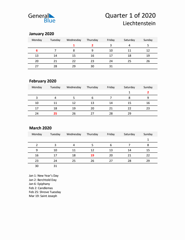 2020 Q1 Three-Month Calendar for Liechtenstein