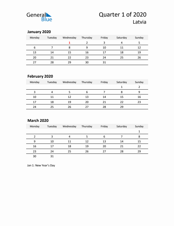 2020 Q1 Three-Month Calendar for Latvia