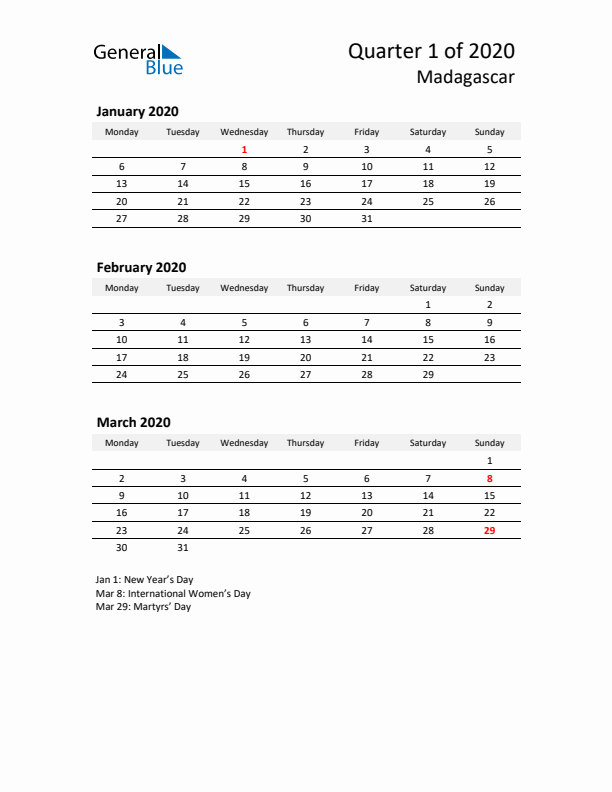 2020 Q1 Three-Month Calendar for Madagascar