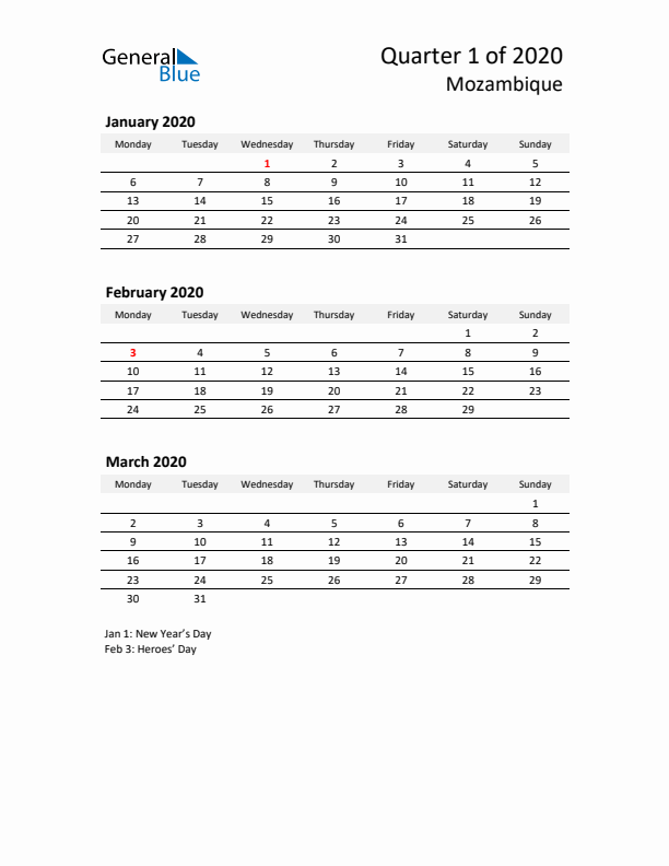 2020 Q1 Three-Month Calendar for Mozambique