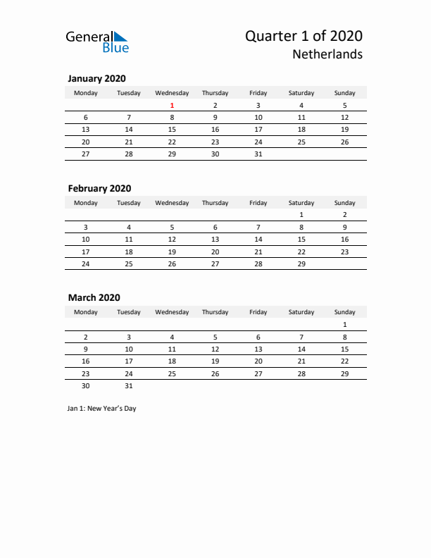 2020 Q1 Three-Month Calendar for The Netherlands