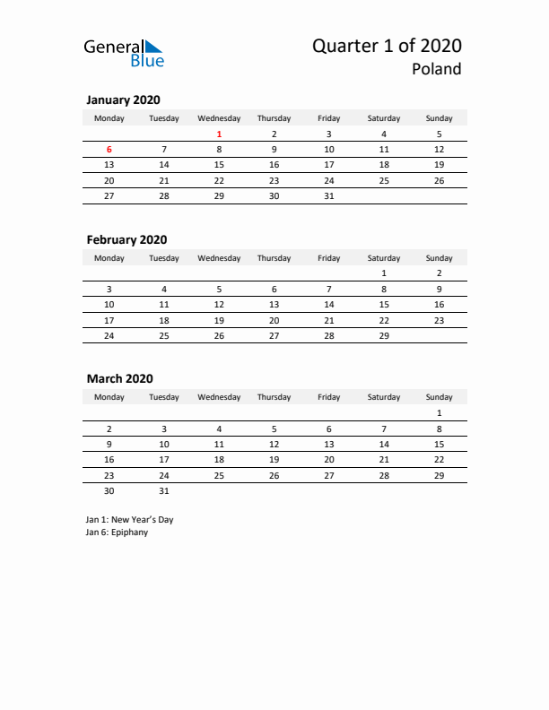 2020 Q1 Three-Month Calendar for Poland