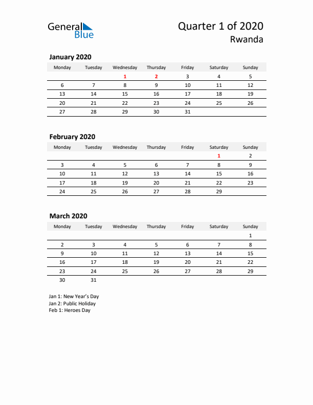 2020 Q1 Three-Month Calendar for Rwanda