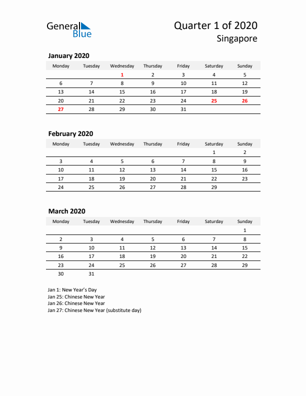 2020 Q1 Three-Month Calendar for Singapore