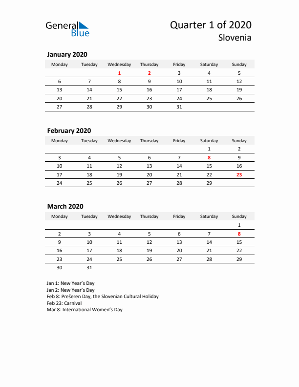 2020 Q1 Three-Month Calendar for Slovenia