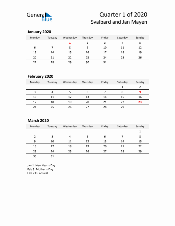 2020 Q1 Three-Month Calendar for Svalbard and Jan Mayen