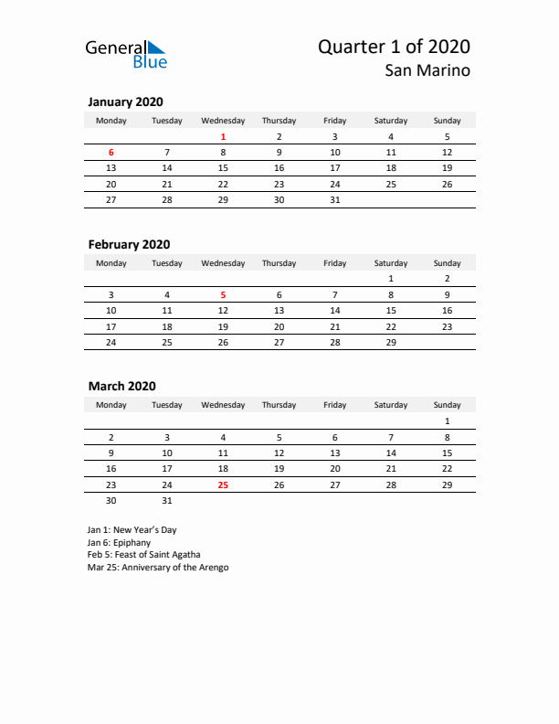 2020 Q1 Three-Month Calendar for San Marino