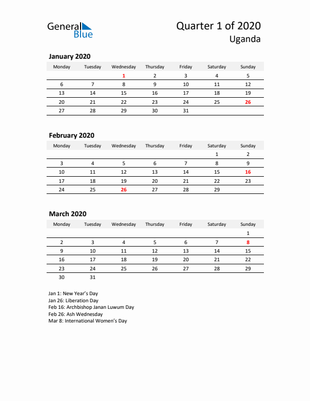 2020 Q1 Three-Month Calendar for Uganda