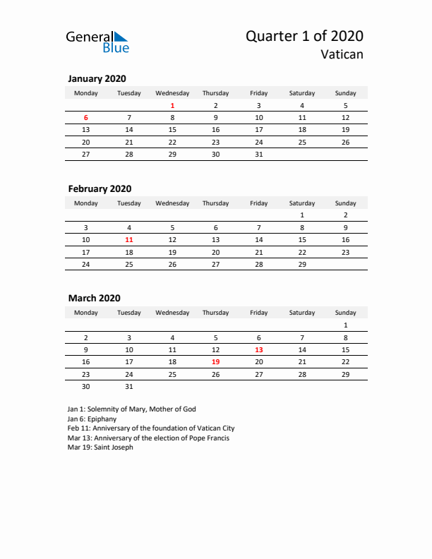 2020 Q1 Three-Month Calendar for Vatican