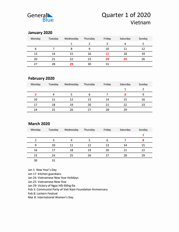 2020 Q1 Three-Month Calendar for Vietnam