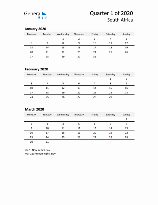 2020 Q1 Three-Month Calendar for South Africa