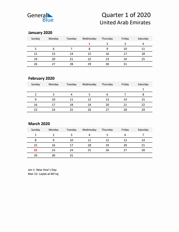 2020 Q1 Three-Month Calendar for United Arab Emirates