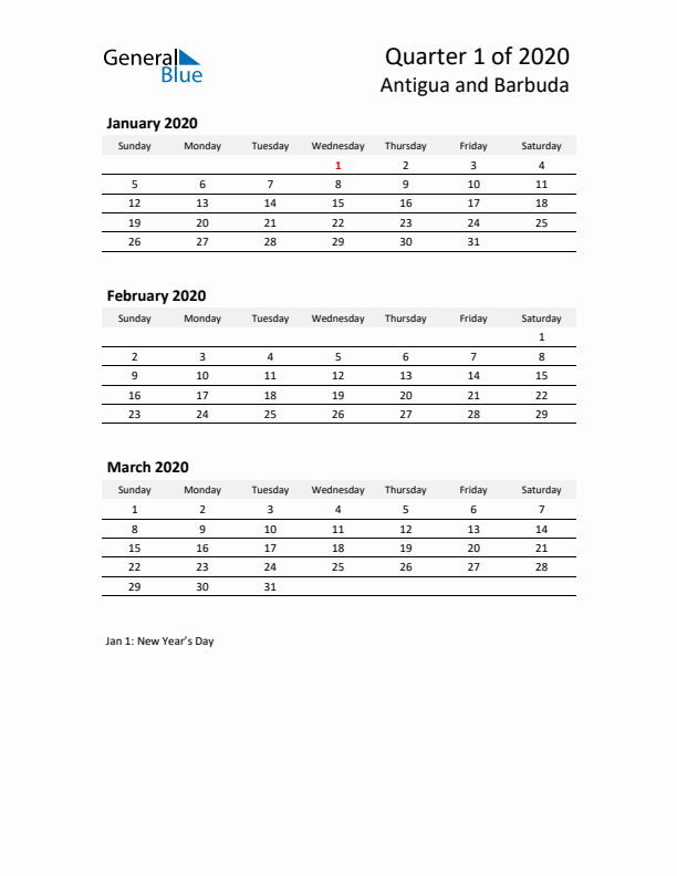 2020 Q1 Three-Month Calendar for Antigua and Barbuda