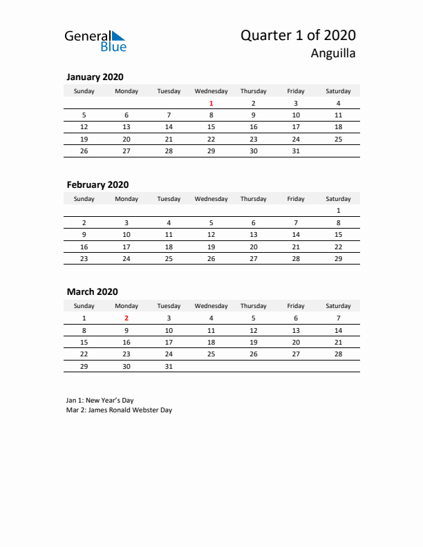 2020 Q1 Three-Month Calendar for Anguilla