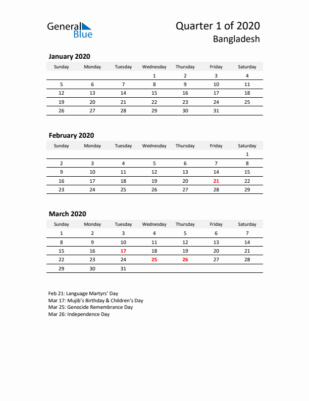 2020 Q1 Three-Month Calendar for Bangladesh