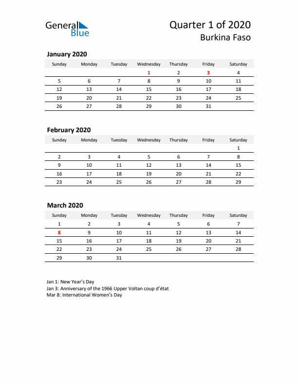 2020 Q1 Three-Month Calendar for Burkina Faso